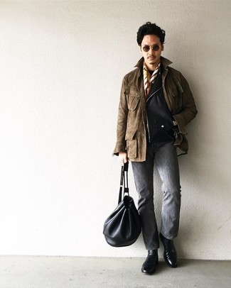 Какие косухи носить с коричневой курткой-рубашкой мужчине