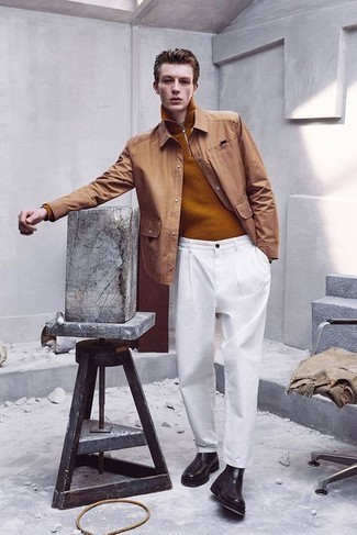 С чем носить коричневую куртку-рубашку мужчине