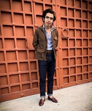 Какие лоферы носить с коричневой курткой-рубашкой мужчине