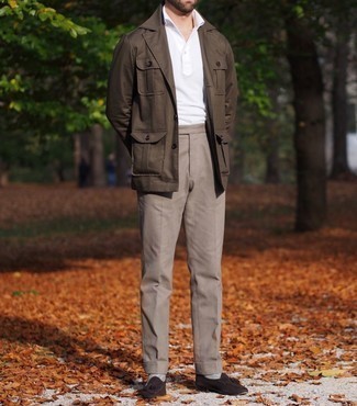Какие лоферы носить с коричневой курткой-рубашкой мужчине