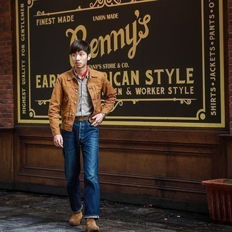 С чем носить коричневые замшевые ботинки челси мужчине