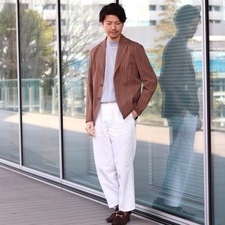 С чем носить коричневый пиджак в вертикальную полоску мужчине