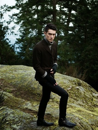 Как носить коричневый шерстяной пиджак с черными джинсами мужчине