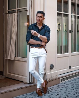 С чем носить коричневый кожаный плетеный ремень мужчине