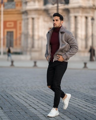 Какие короткие дубленки носить с темно-красной водолазкой мужчине