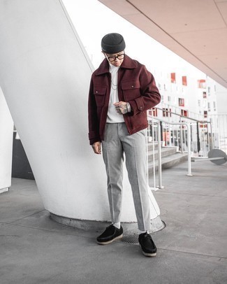 С чем носить темно-красную шерстяную куртку мужчине