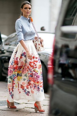 Как носить блузу на пуговицах с длинной юбкой