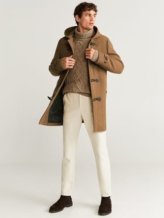 Какие ботинки челси носить с светло-коричневым дафлкотом мужчине
