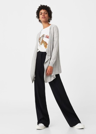 Как носить кардиган с широкими брюками