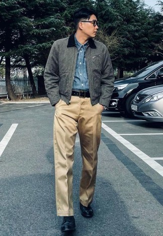 С чем носить рубашку с коротким рукавом из шамбре мужчине