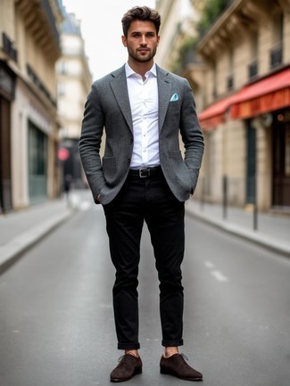 Как носить темно-серый пиджак с черными брюками чинос