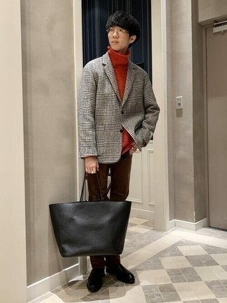 Как носить темно-серый пиджак с коричневыми брюками чинос