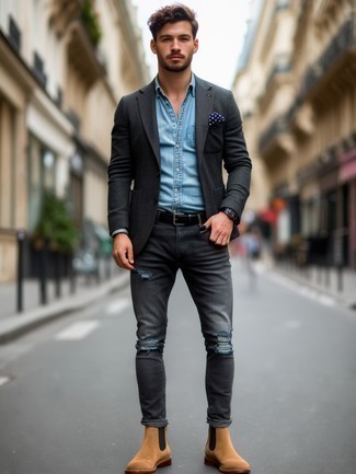 Как носить темно-серый пиджак с серыми джинсами мужчине