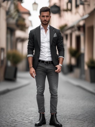 Как носить темно-серый пиджак с серыми джинсами мужчине