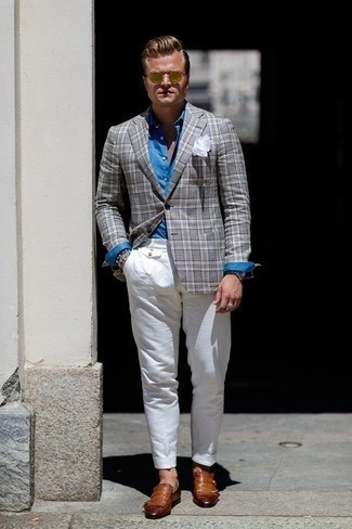 Как носить темно-серый пиджак с белыми брюками чинос