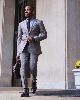 С чем носить темно-серый шерстяной костюм в клетку