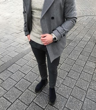 Какое полупальто носить с темно-серым свитером с круглым вырезом