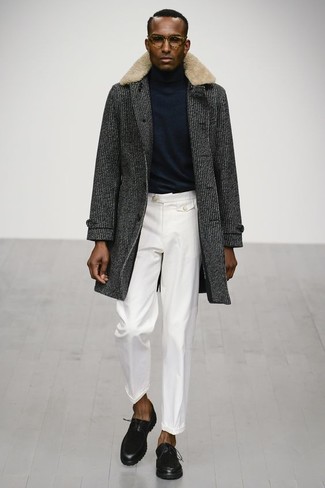 С чем носить темно-серое пальто с меховым воротником мужчине