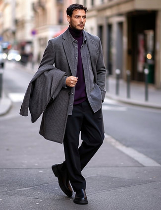 С чем носить темно-серое длинное пальто с узором "гусиные лапки"