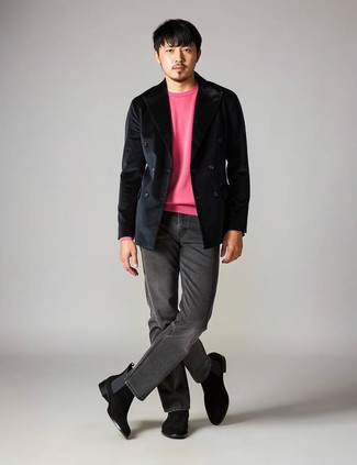 Какие двубортные пиджаки носить с темно-серыми джинсами мужчине