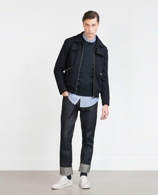 Какие куртки харрингтон носить с темно-серыми джинсами