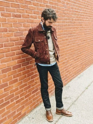 Какие куртки-рубашки носить с темно-серыми джинсами мужчине