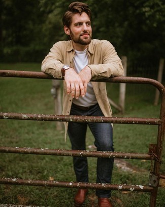 Какие куртки-рубашки носить с темно-серыми джинсами мужчине