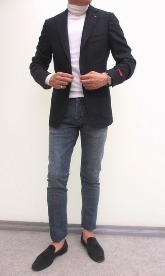 Какие лоферы с кисточками носить с темно-серыми джинсами