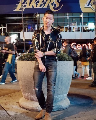 С чем носить темно-серые рваные джинсы мужчине