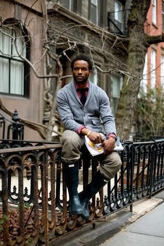С чем носить темно-серый кардиган с отложным воротником мужчине