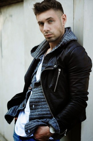 С чем носить темно-серый кардиган с отложным воротником мужчине