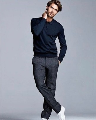 С чем носить темно-серые шерстяные брюки чинос