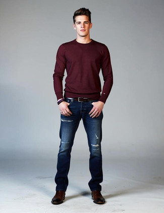 Как носить ботинки челси с свитером с круглым вырезом мужчине