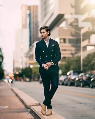 Как носить ботинки челси с двубортным пиджаком мужчине