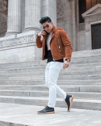 Как носить свитер с круглым вырезом с косухой мужчине