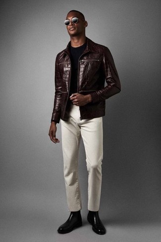 Какие ботинки челси носить с темно-коричневым бомбером мужчине