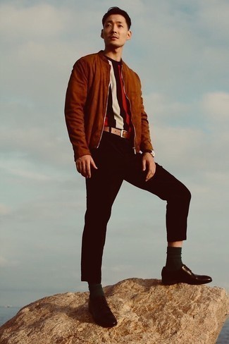 Какие туфли дерби носить с темно-коричневым бомбером