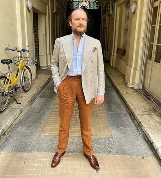 Какие двубортные пиджаки носить с темно-коричневыми брогами