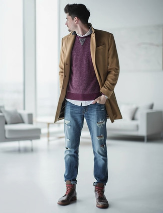 Какие длинные пальто носить с темно-коричневыми повседневными ботинками