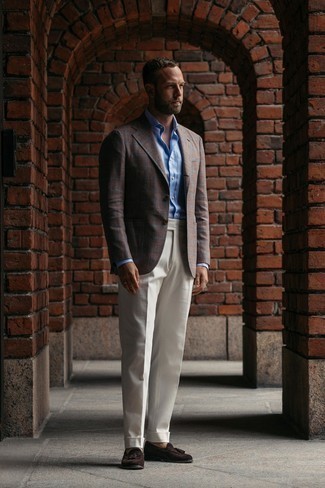 С чем носить темно-коричневый пиджак в клетку мужчине