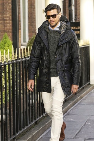 Какие пуховики носить с темно-коричневыми ботинками челси мужчине