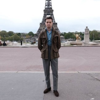 Какие полевые куртки носить с темно-коричневыми туфлями дерби