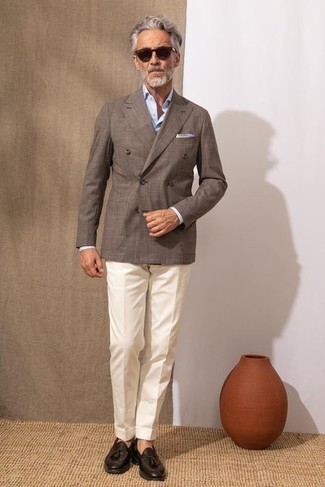 С чем носить темно-коричневый двубортный пиджак мужчине