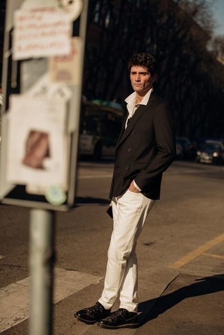 С чем носить темно-коричневый двубортный пиджак мужчине