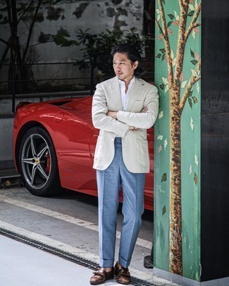 С чем носить темно-коричневые лоферы c бахромой мужчине