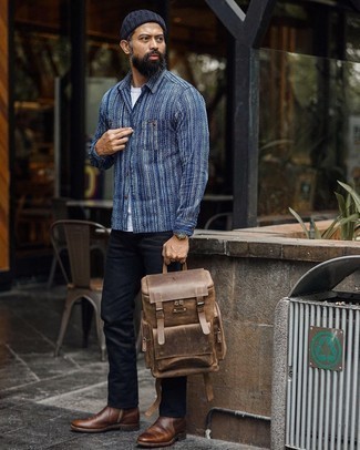 С чем носить темно-коричневый кожаный рюкзак мужчине