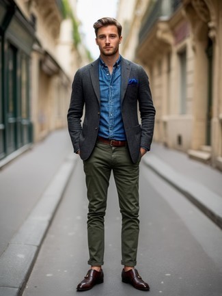 С чем носить темно-коричневые кожаные монки с двумя ремешками