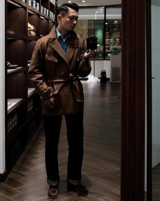 С чем носить темно-коричневое полупальто