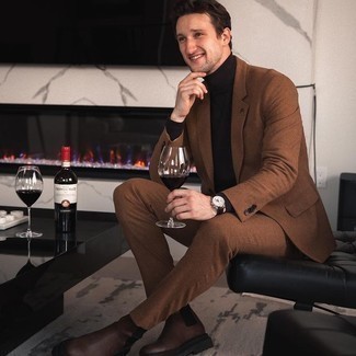 Какие ботинки челси носить с темно-коричневой водолазкой мужчине