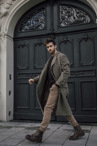 Какие длинные пальто носить с темно-коричневыми рабочими ботинками